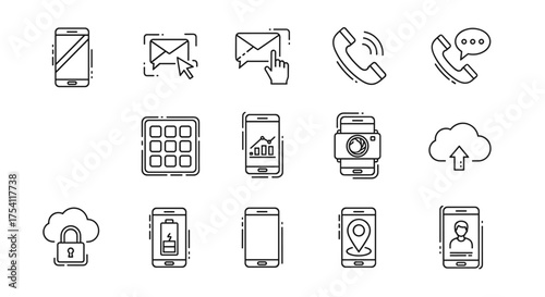 Vector icon set for mobile communication. Thin line art symbols for smartphone apps, web, business. Phone, email, message, call, cloud, security, location, analytics, contact.