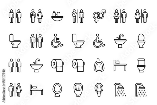 Toilet icons set with various WC signs, restroom symbols, gender and disability accessible bathroom icons, toilet paper, shower, sink, urinal, bath accessories vector collection