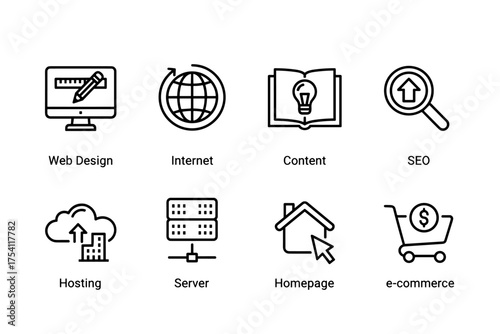 Modern Website Icon Set with Web Design, Internet, Content, SEO, Hosting, Server, Homepage, and E-commerce Symbols for Digital and Online Business Concepts