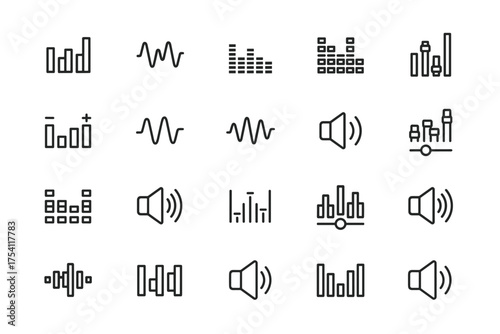 Sound wave and music equalizer icon set. Audio waveform, volume speaker pictogram, and frequency level meter collection. Digital soundwave, signal pulse, and rhythm beat graph.