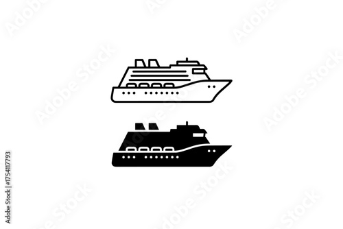 Cruise ship icon set, silhouette and outline style, passenger vessel vector, ferry transport symbol, sea travel graphic, maritime transportation design, ocean liner clipart