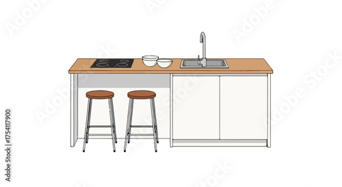 Detailed Kitchen Island Rendering with Sleek Design and Functional Elements showcasing a modern aesthetic and practical features with stools and