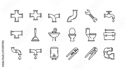 Plumbing service and sanitary engineering line icons set. Plumber tools, pipes, toilet, sink, faucet, water heater. Outline vector graphic elements for repair and maintenance.