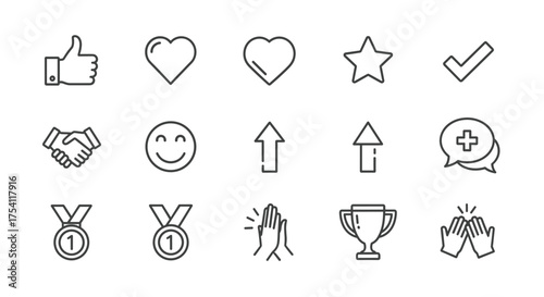Positive feedback and reward line icon set. Thumbs up, heart, and star for approval. Handshake for agreement and medal for winner. High five, trophy for success concept.