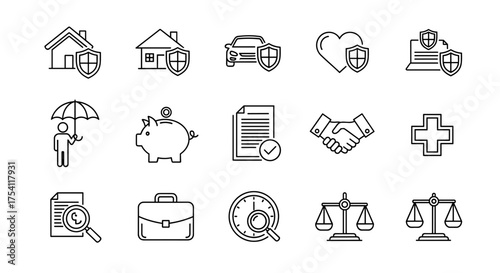 Insurance vector icon set. Home, car, health, life protection concept. Financial savings, legal justice scales, business agreement handshake, document security shield. Thin line style.