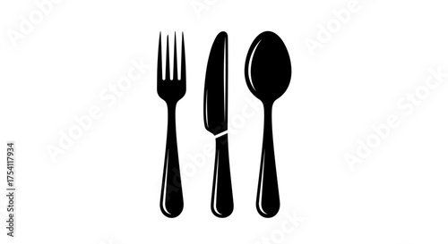Cutlery icon with fork, knife, and spoon. Simple black silhouette of flatware for restaurant, dining, and food concepts. Vector graphic for menu, kitchen, meal, dinner, or lunch.