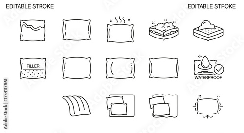 Pillow and cushion editable stroke line icon set. Vector symbols for sleep comfort, bedding, and bedroom furniture. Includes orthopedic, memory foam, and waterproof types.