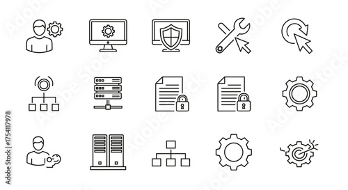 IT system administration and cybersecurity vector icons set. User settings, computer security shield, network servers, secure documents, system configuration tools, data protection.