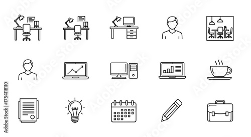 Office icons line set. Business and work concepts. Workspace, desk, computer, employee. Meeting room, data chart, idea lightbulb, planning calendar, coffee break, corporate job.