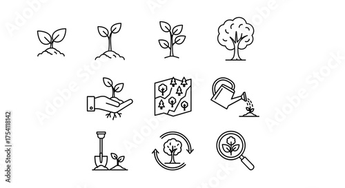 Plant growth stages line icon set. Vector symbols for gardening, environment, and ecology. Includes sprout, tree, planting hand, watering can, shovel, and sustainability cycle.