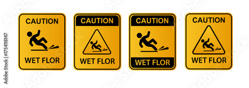 Wet floor signs. Hazard slippery surface wet floor sign. Caution orange signs plate. Vector