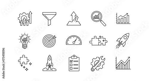 Startup and business growth thin line icon set. Marketing strategy, data analysis, sales funnel, and performance metrics. Solution, idea, and rocket launch for project success.