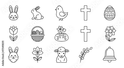 Easter icons set with bunny, rabbit, chick, crosses, decorated egg, flowers, basket with eggs, hot cross bun, lamb, bell, and willow branch vector collection for spring celebration and holiday design