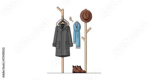 Stylized illustration of a wooden coat rack with winter apparel and footwear items displayed against a simple white backdrop