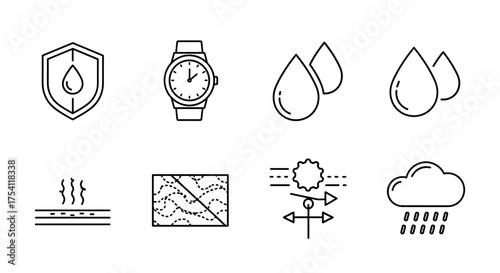 Vector line icons set of weather and time elements including water drop shield, wristwatch, raindrops, steam, weather map, wind direction, and rain cloud symbols in minimal outline style