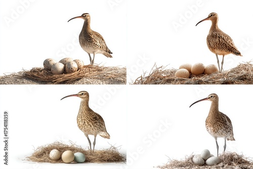 Four curlew birds showcasing their nest with eggs. The birds have long, curved beaks, showcasing their distinctive characteristics