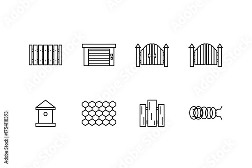 Fence & gate line icons set. Vector symbols for boundary, security, & property. Includes picket, garage door, metal gates, chain-link, barbed wire, & sentry box. Isolated graphic elements.
