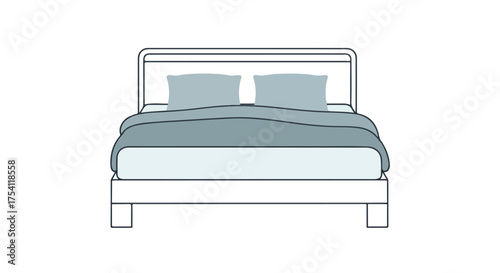 Minimalist bed illustration with soft blue tones showcasing simplistic bedroom furniture in an isolated setting for interior design concepts