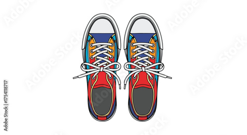 Vibrant sneakers with intricate shoelace ties, representing youthful spirit and colorful individual expression, depicted against white canvas