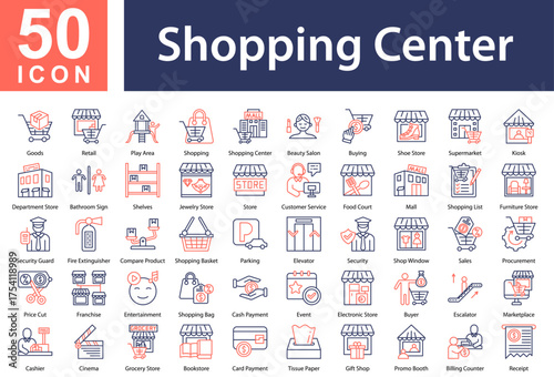 Minimalist Shopping Center Line Color icons set with editable stroke, featuring: Goods,Retail,Play Area,Shopping,Shopping Center,Beauty Salon,Buying,Shoe Store,Supermarket,Kiosk,Department Store