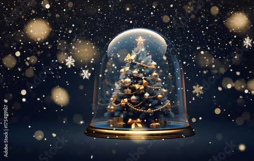 Enchanted snow globe with christmas tree, glass sphere showing illuminated xmas scene with snowflakes on festive dark blue backdrop