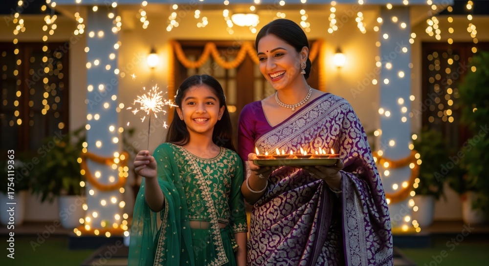 Fototapeta premium Festive Indian Mother Daughter Celebrating Diwali with Sparklers and Diyas