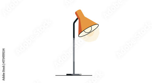 Stylized rendering of an illuminated orange floor lamp with a minimalist aesthetic against a stark white background that is suitable for design