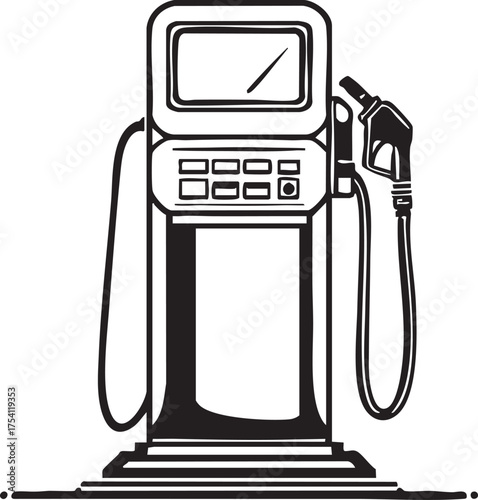 Vintage gas pump vector—black-and-white silhouette of retro fuel dispenser with nozzle, display screen, and industrial base