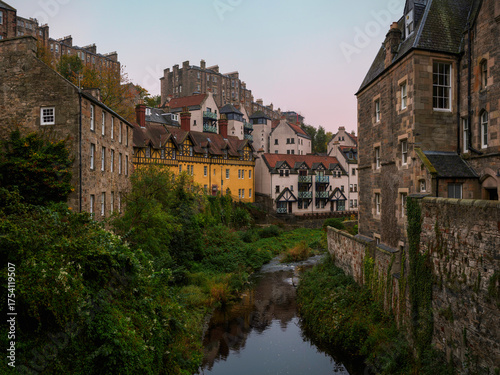 Dean Village and Water of Leith Walkway in Edinburgh, Scotland, a tranquil green space landscape in the metropolitan capital.