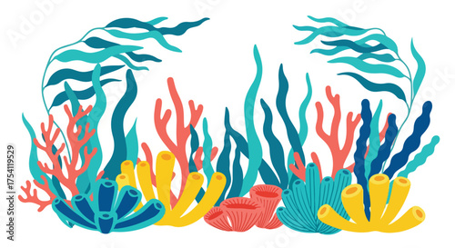 Whimsical undersea garden featuring vibrant coral formations and flowing seagrass, a colorful underwater illustration