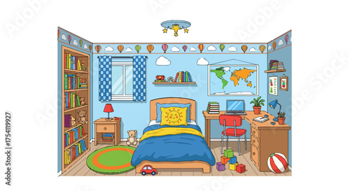 Illustration of a colorful and vibrant child's bedroom interior with playful and educational elements  to encourage imagination