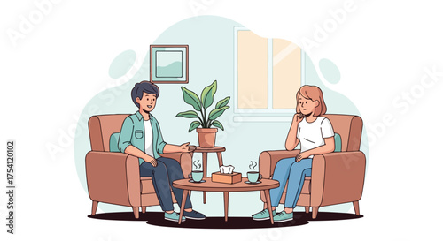 Therapeutic interaction depicted between patient and psychologist in counseling session set within a serene office atmosphere