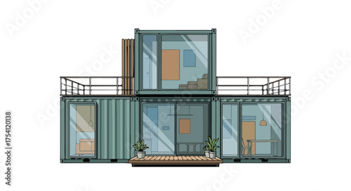 Conceptual shipping container residence with a modern design aesthetic showcasing sustainability and space efficiency for contemporary living
