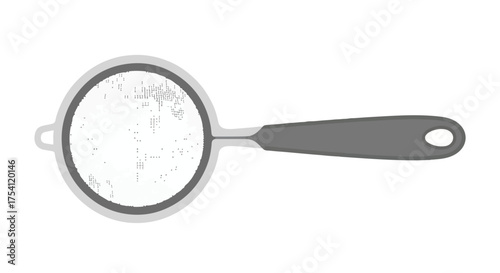 Gray-toned kitchen strainer illustration on a pure white backdrop, showing a cooking accessory from above with a focus on its fine mesh design and