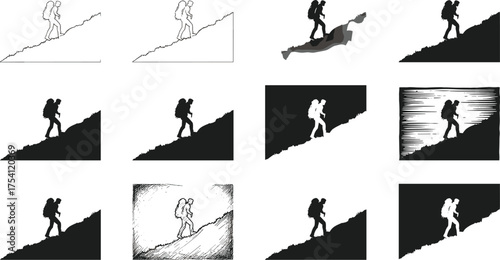 Hiking silhouette, mountain trekking, outdoor adventure, uphill walkers, nature journey, backpack travel, wilderness hike, scenic climb, black and white illustration