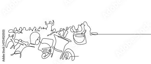 Orchestra continuous hand drawn doodle line art vector, editable strokes