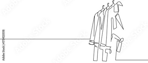 Clothes in the closet, continuous hand drawn doodle line art vector, editable strokes.