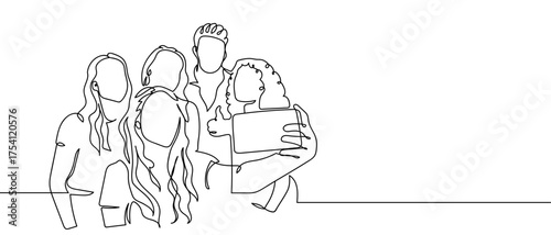 Group of people taking selfies, continuous hand drawn doodle line art vector illustration, editable strokes.