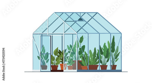 Delicate glass greenhouse, nurturing vibrant botanical specimens under controlled atmospheric settings for horticultural pursuits and conservation