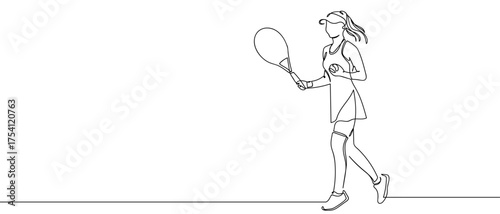 Female tennis player continuous hand drawn doodle line art vector illustration. Editable strokes.