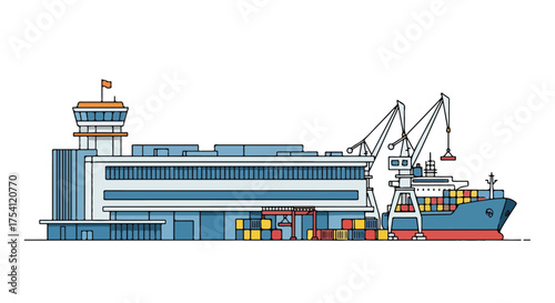 Vibrant harbor scene depicting a container ship unloading cargo at a modern port facility showcasing global commerce and logistics operation