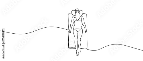 Woman sunbathing on the beach. Continuous hand drawn doodle line art vector illustration. Editable stroke.