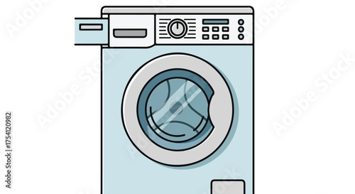 Modern front load washing machine illustration with soft blue tones and clear details representing laundry appliance 160 character