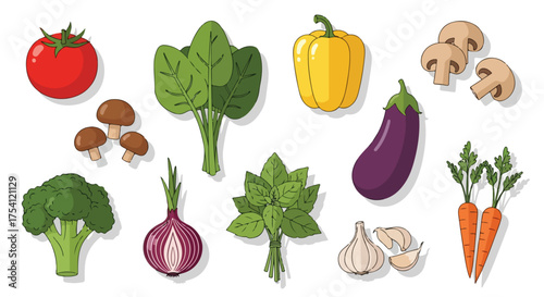 Vibrant flat illustration showcasing fresh garden produce, designed for healthy eating and lifestyle concepts, promoting nutritious recipes
