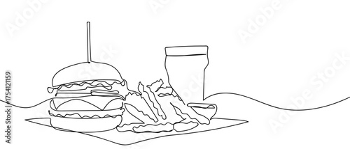 Burger and fries and beer glass. Continuous hand drawn doodle line art vector. Editable stroke.
