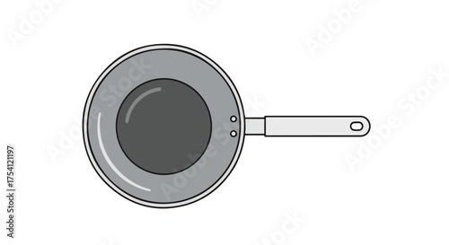 Simplistic depiction of a gray skillet with a handle resting on a plain white surface ready for gastronomic artistry