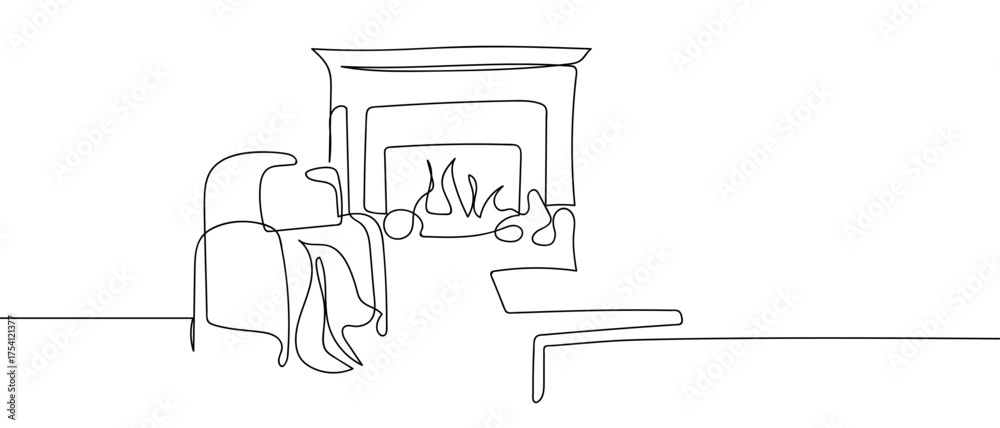 Fototapeta premium Sofa chair in front of fireplace, continuous hand drawn doodle line art vector, editable stroke.