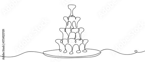 Champagne glasses stacked in a fountain, continuous hand drawn doodle line art vector illustration, editable stroke.