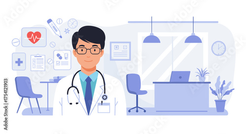 Professional male doctor in white coat standing in a medical office with healthcare icons in background