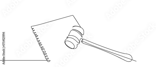 Documents and judge's hammer, continuous hand drawn doodle line art vector, editable stroke.